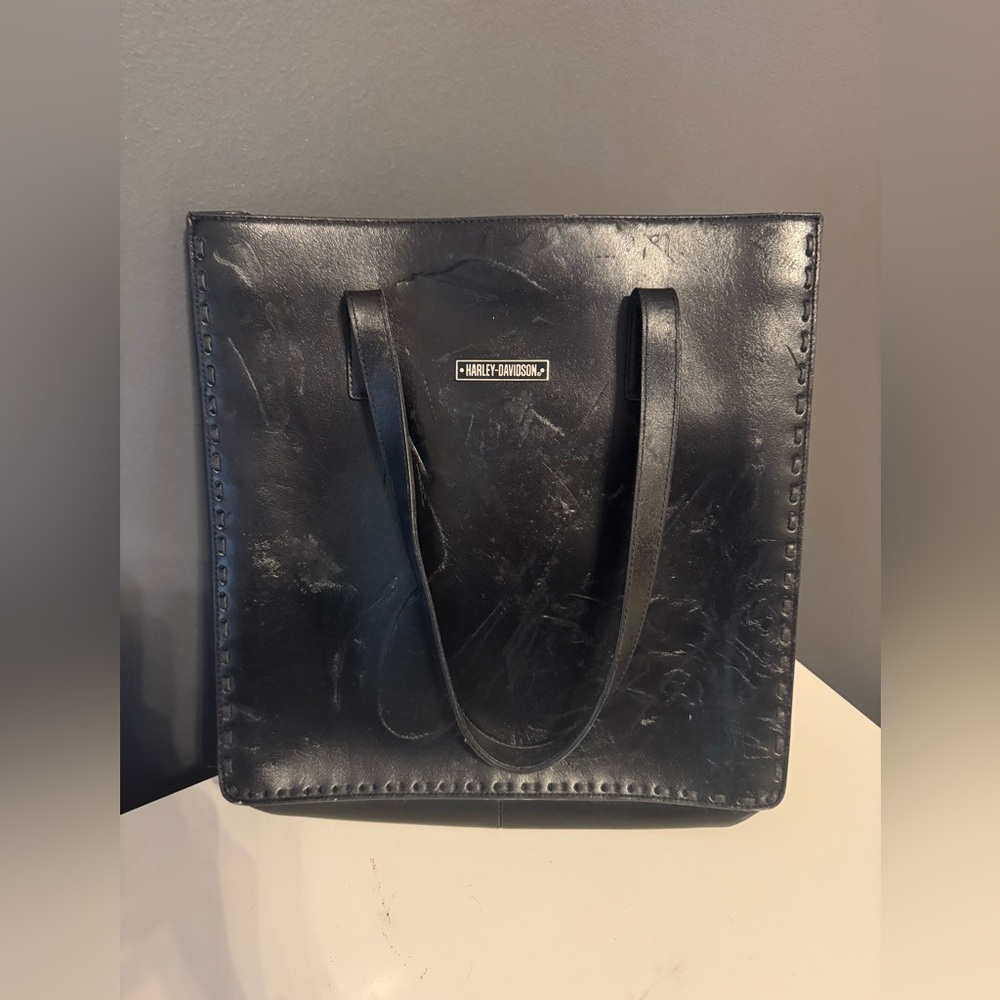 Harley Davidson 100% Leather Multi Zipper Pockets Shoulder Bag Handbag Tote